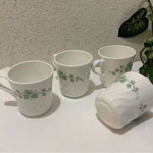 SET OF 4 VTG MCM CORELLE STONEWARE GREEN IVY PRINT CERAMIC COFFEE CUPS/MUGS G13